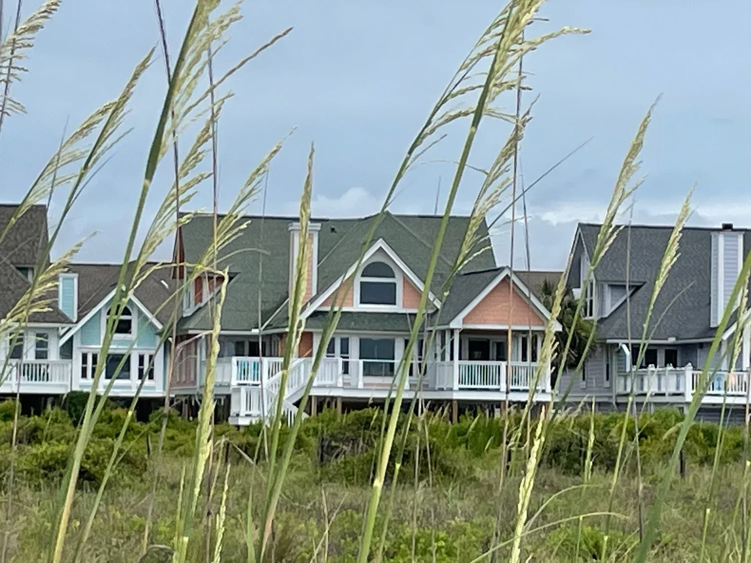 Elevated beachfront homes seen through sea oats on Isle of Palms, near the SC coast Hale Development serves
